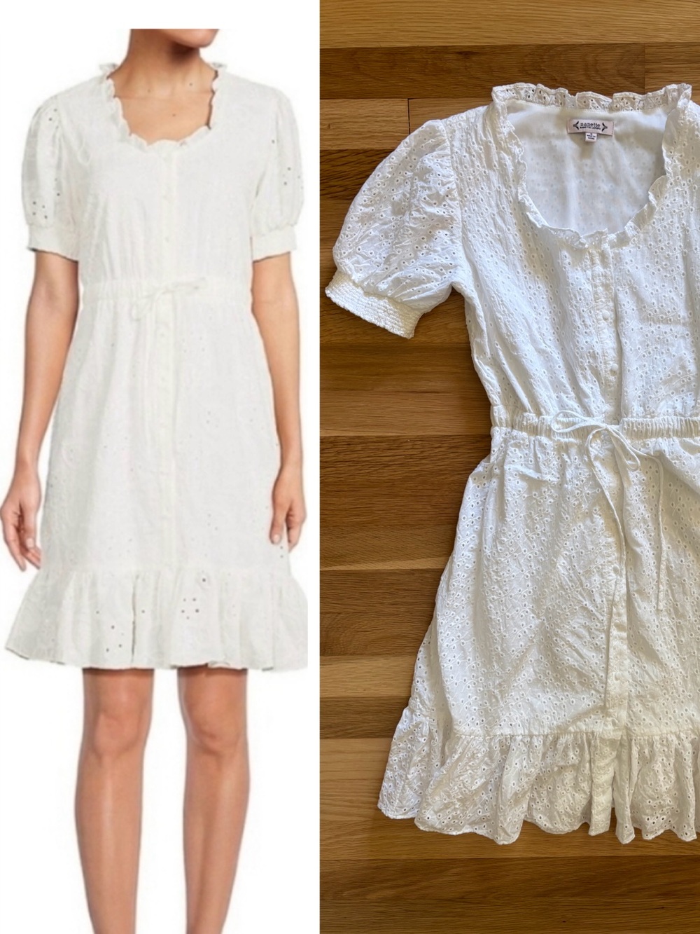 White Eyelet Ruffle Dress - Puff Sleeves- 100% Cotton - Natural Fibers - 8